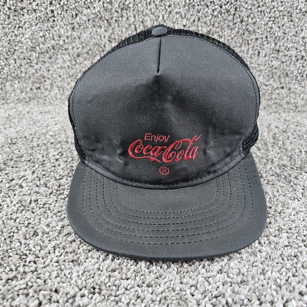Vintage Coca-Cola Hat Cap Snap Back Black Mesh Trucker Embroidered Mens 80s